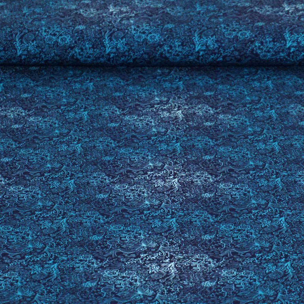 Baumwolljersey Zeichnungen Blüten Kringel blau türkis